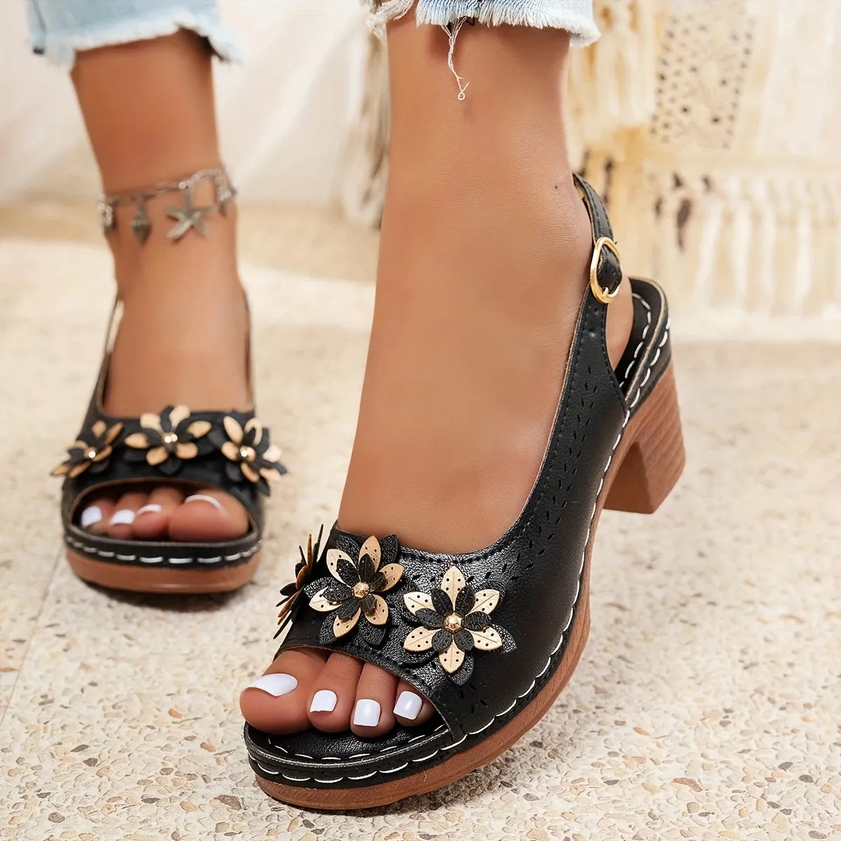 Haisley | Elegant Floral Block Heel Sandals