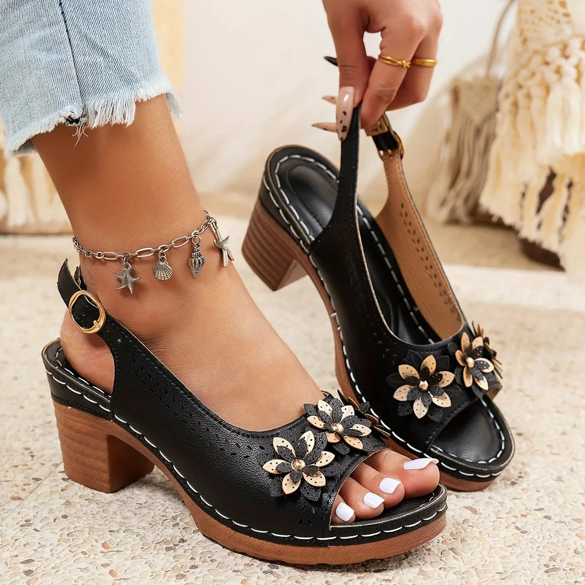 Haisley | Elegant Floral Block Heel Sandals