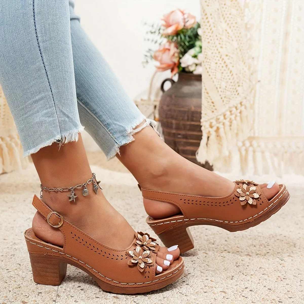 Haisley | Elegant Floral Block Heel Sandals