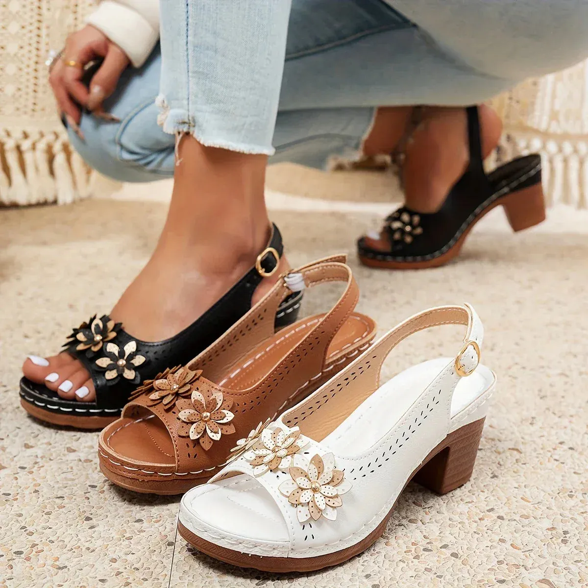 Haisley | Elegant Floral Block Heel Sandals