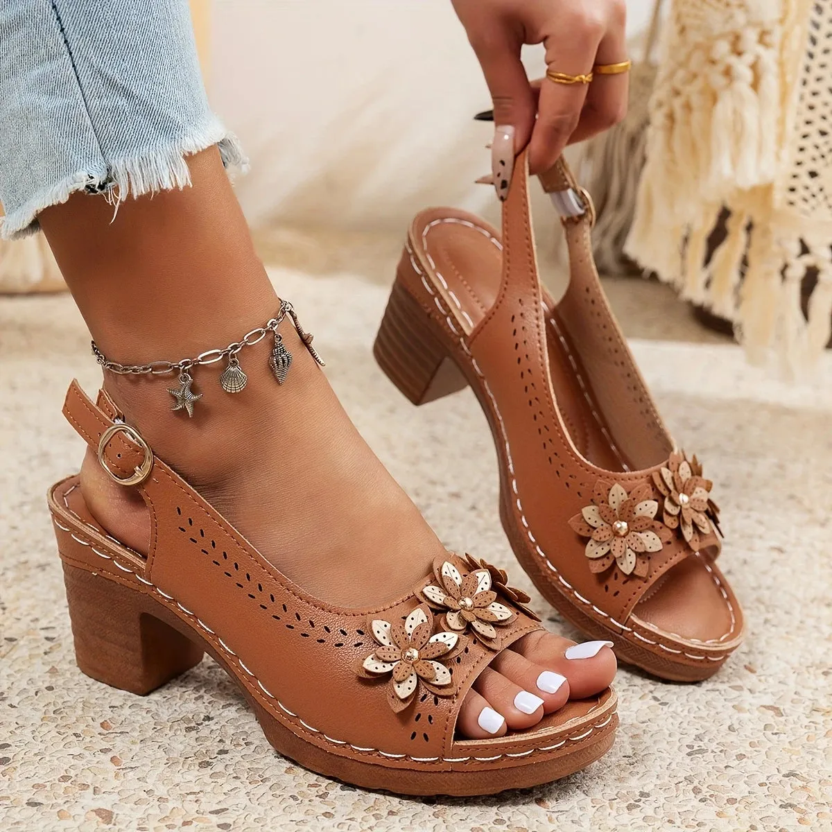 Haisley | Elegant Floral Block Heel Sandals