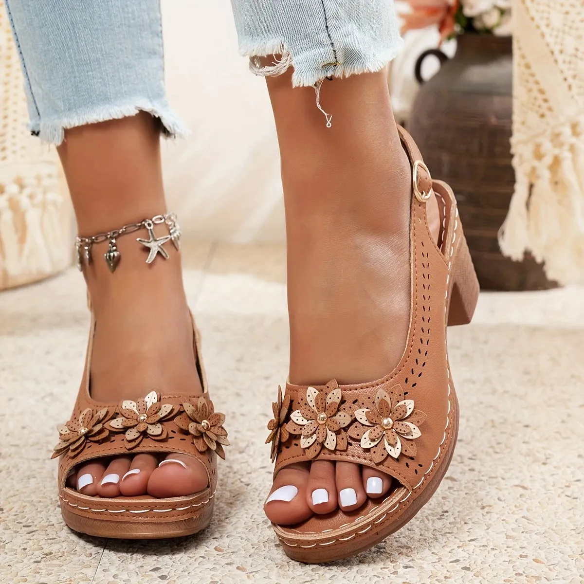 Haisley | Elegant Floral Block Heel Sandals