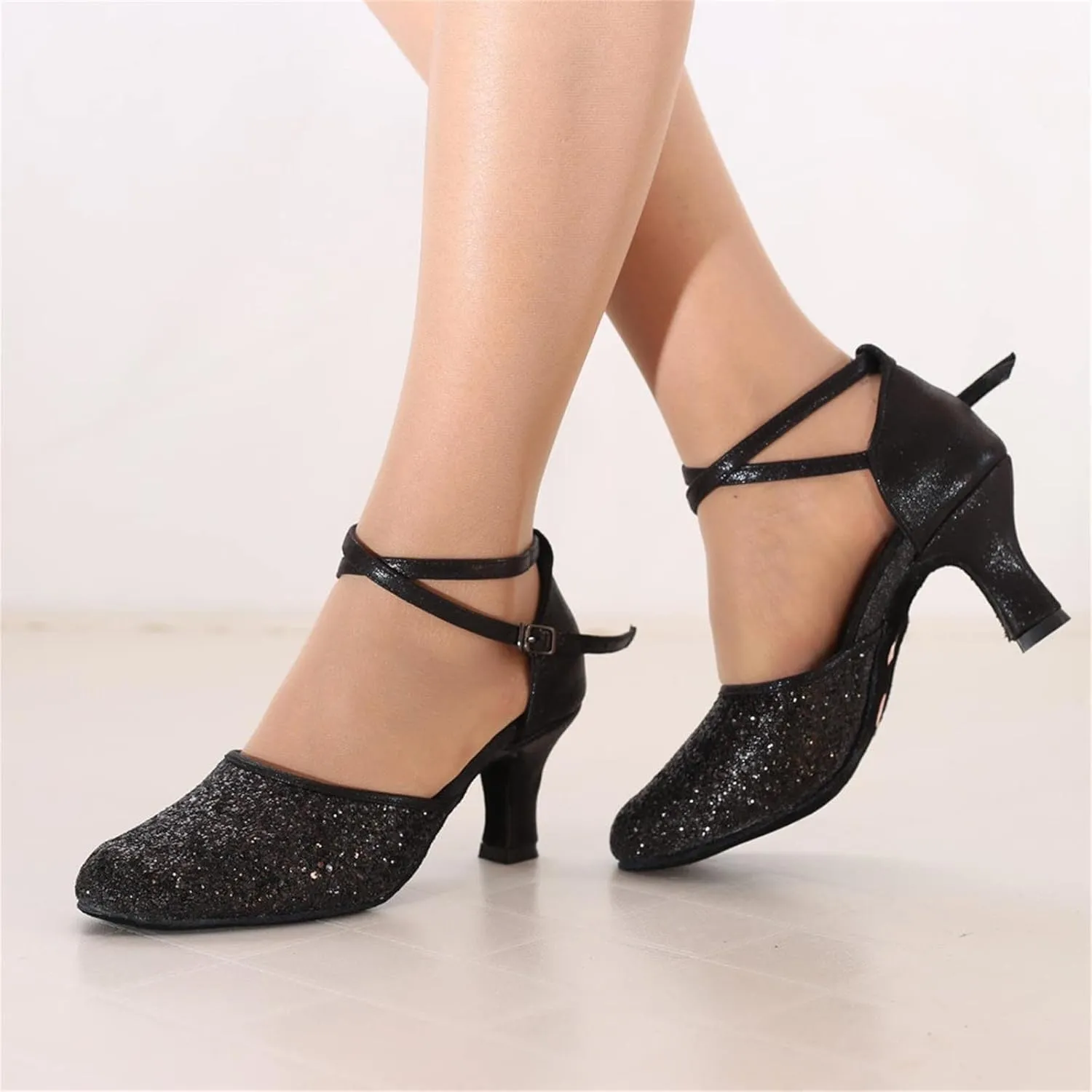 Mid Heels Sandals for Womens Latin Dance Shoes Heeled Ballroom Tango Shoes Party Sequin Dance Shoes Buckle Mid Heels