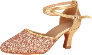 Mid Heels Sandals for Womens Latin Dance Shoes Heeled Ballroom Tango Shoes Party Sequin Dance Shoes Buckle Mid Heels