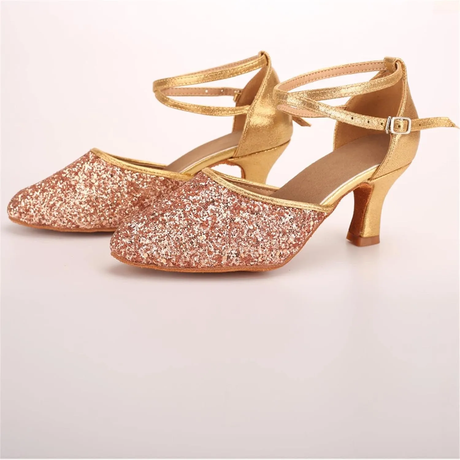 Mid Heels Sandals for Womens Latin Dance Shoes Heeled Ballroom Tango Shoes Party Sequin Dance Shoes Buckle Mid Heels