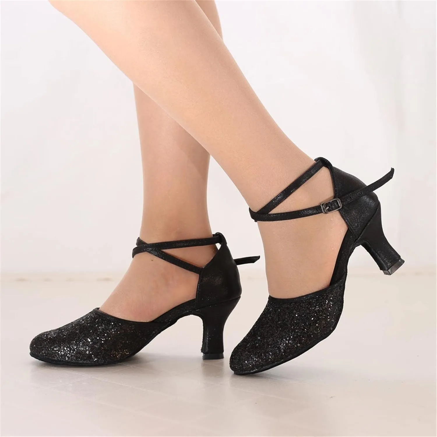 Mid Heels Sandals for Womens Latin Dance Shoes Heeled Ballroom Tango Shoes Party Sequin Dance Shoes Buckle Mid Heels
