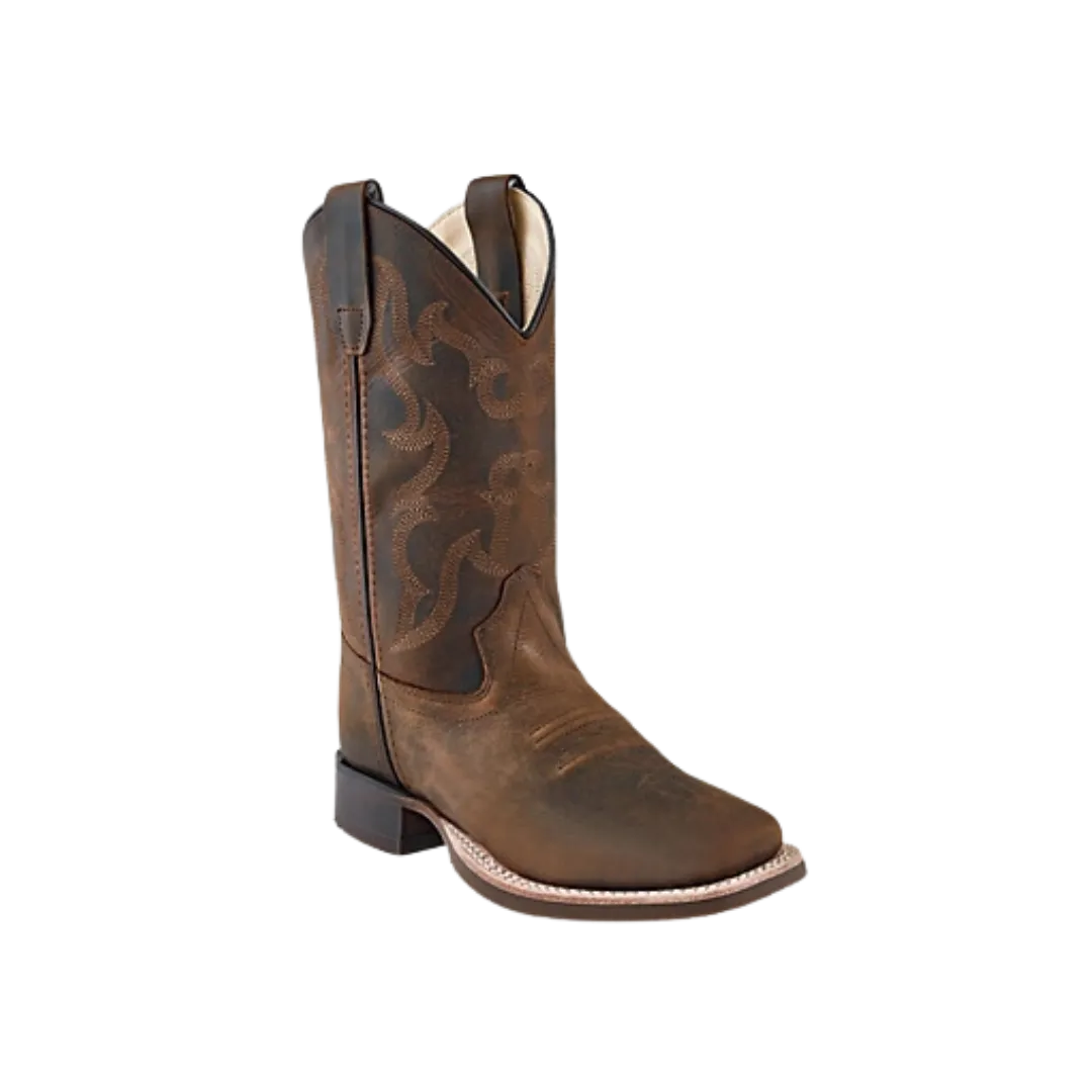 Old West Kid's Leather Square Toe Western Brown Boots