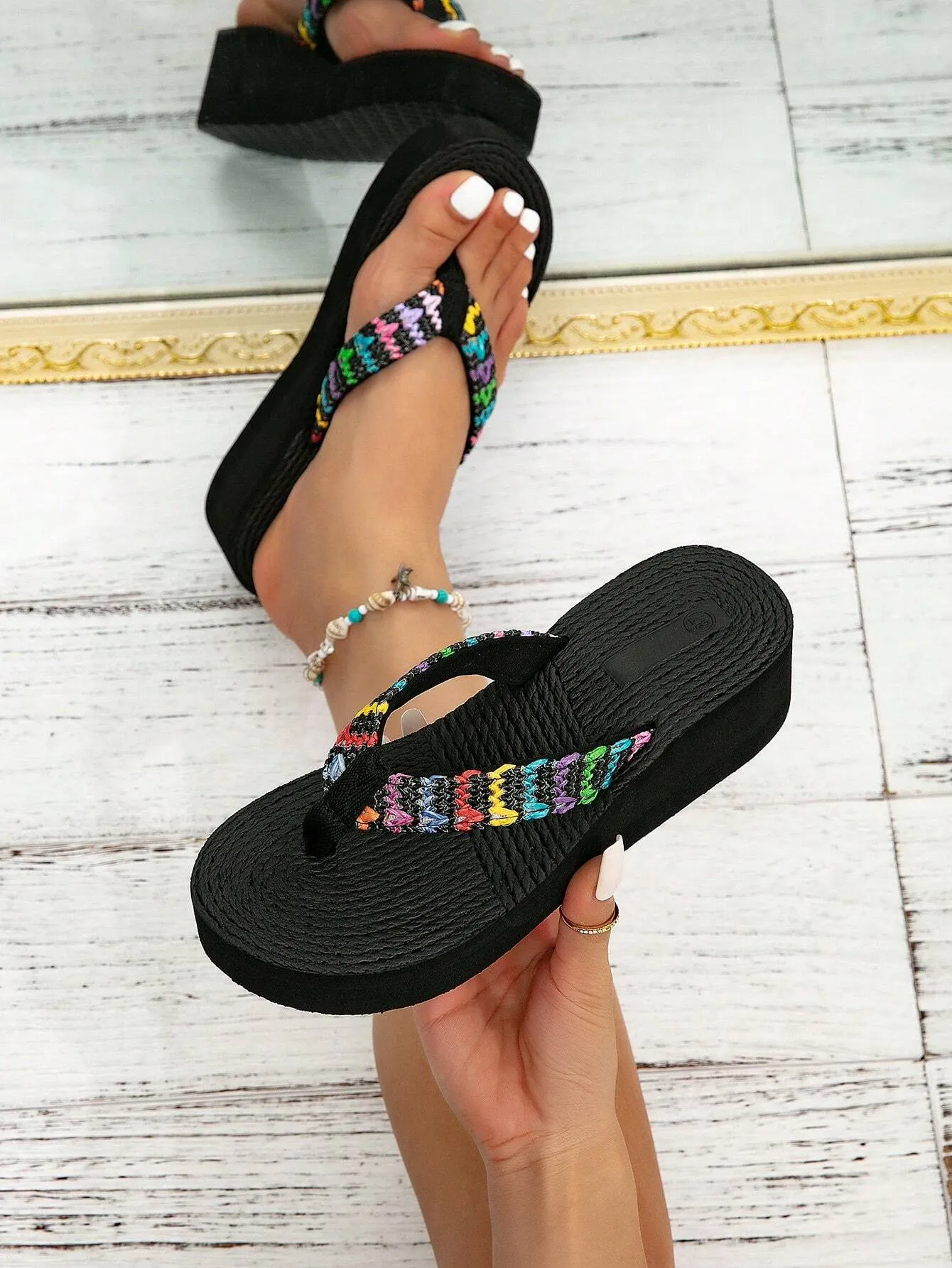 Women Weave Detail Toe Post Sandals, Vacation Summer Linen Wedge Thong Sandals